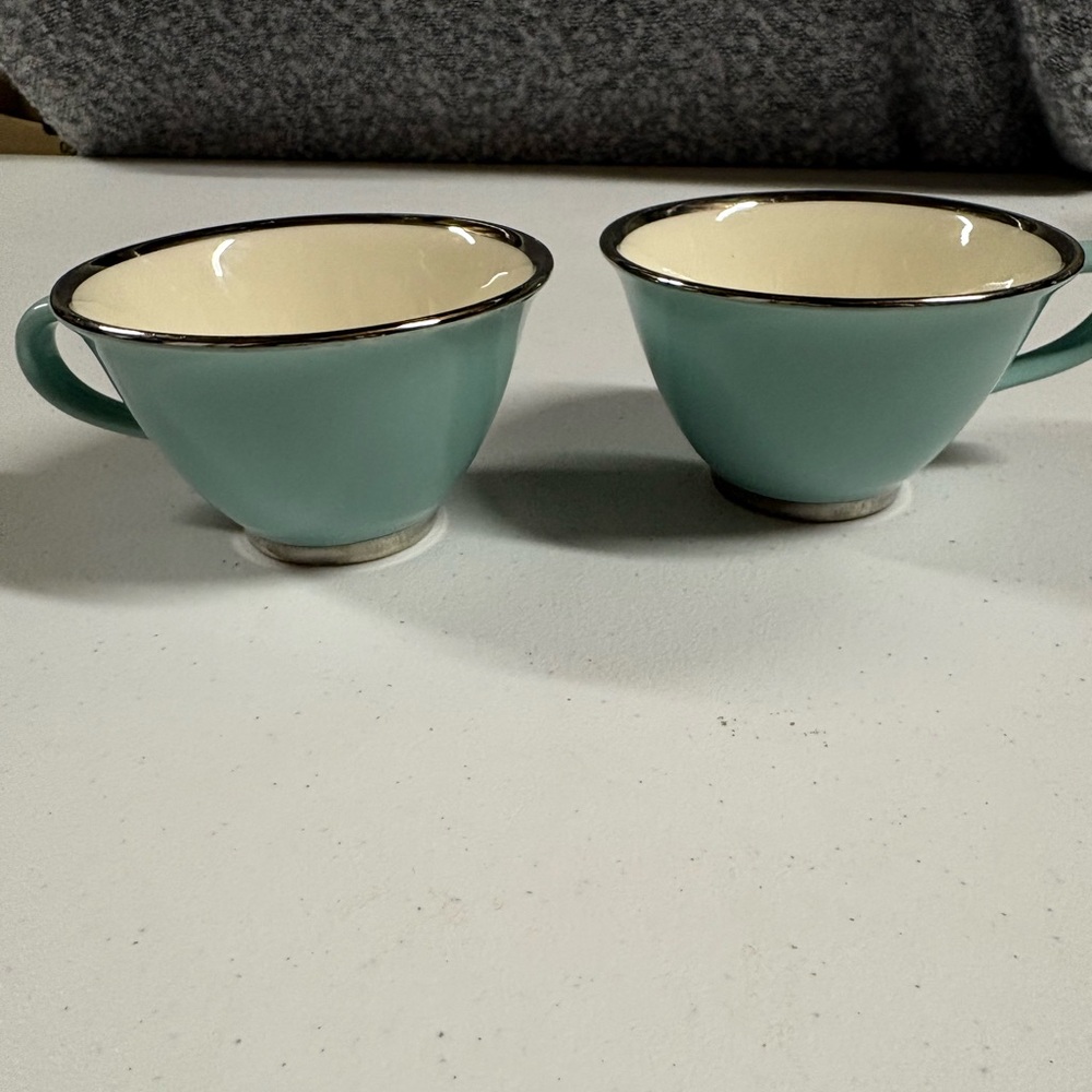 Teal and Cream Teacups with Silver Trim